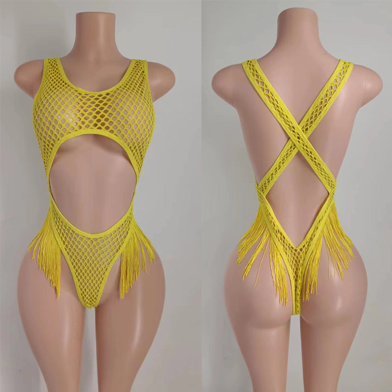 Cross Mesh Tassel Body Suit