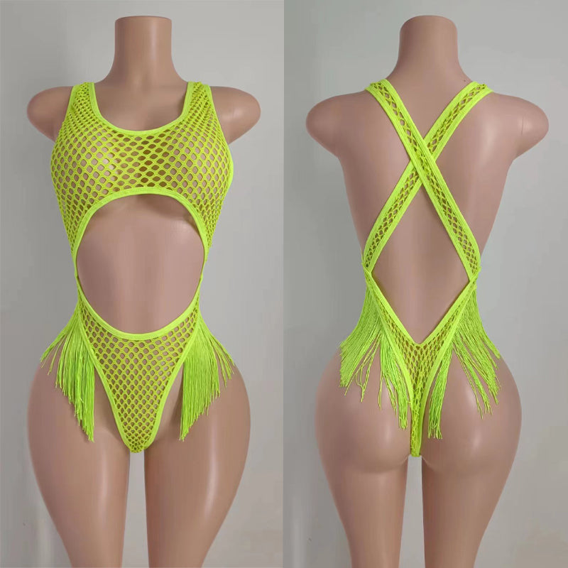Cross Mesh Tassel Body Suit